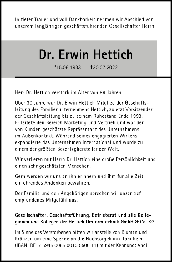 Traueranzeige von Erwin Hettich von Tagesspiegel