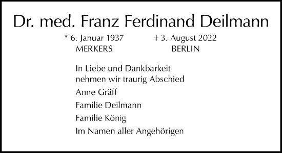 Traueranzeige von Franz Ferdinand Deilmann von Tagesspiegel