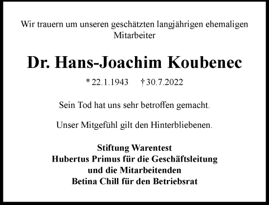 Traueranzeige von Hans-Joachim Koubenec von Tagesspiegel
