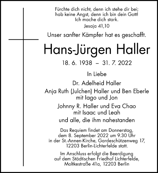 Traueranzeige von Hans-Jürgen Haller von Tagesspiegel