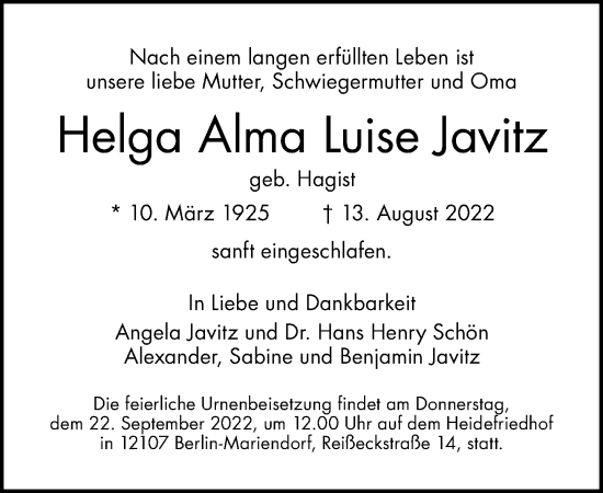 Traueranzeige von Helga Alma Luise Javitz von Tagesspiegel