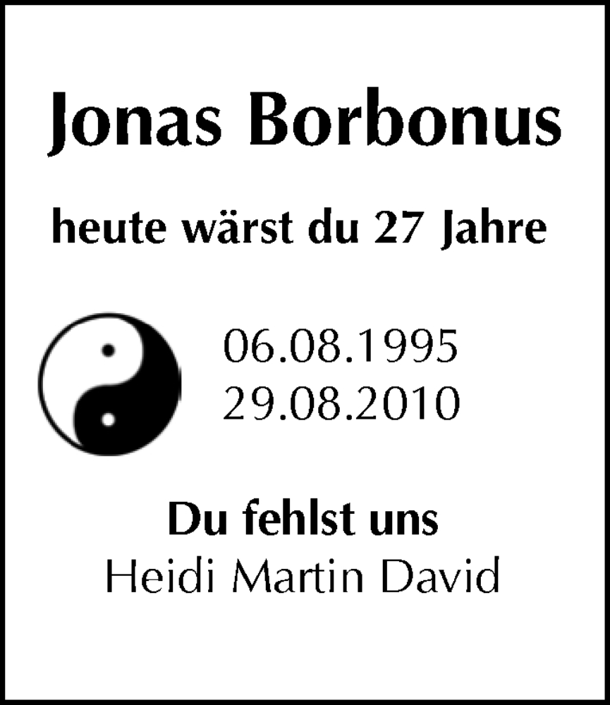  Traueranzeige für Jonas Borbonus vom 06.08.2022 aus Tagesspiegel