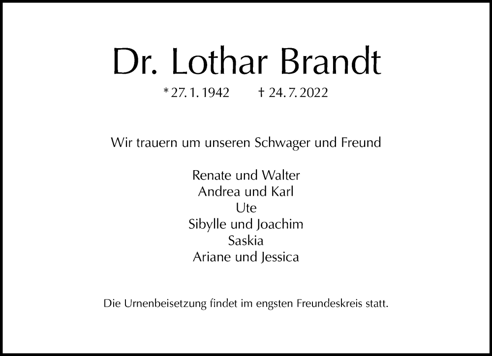  Traueranzeige für Lothar Brandt vom 14.08.2022 aus Tagesspiegel
