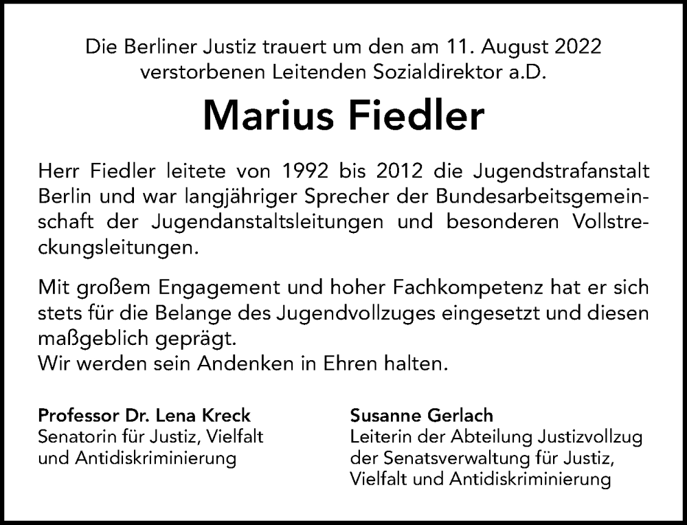  Traueranzeige für Marius Fiedler vom 28.08.2022 aus Tagesspiegel
