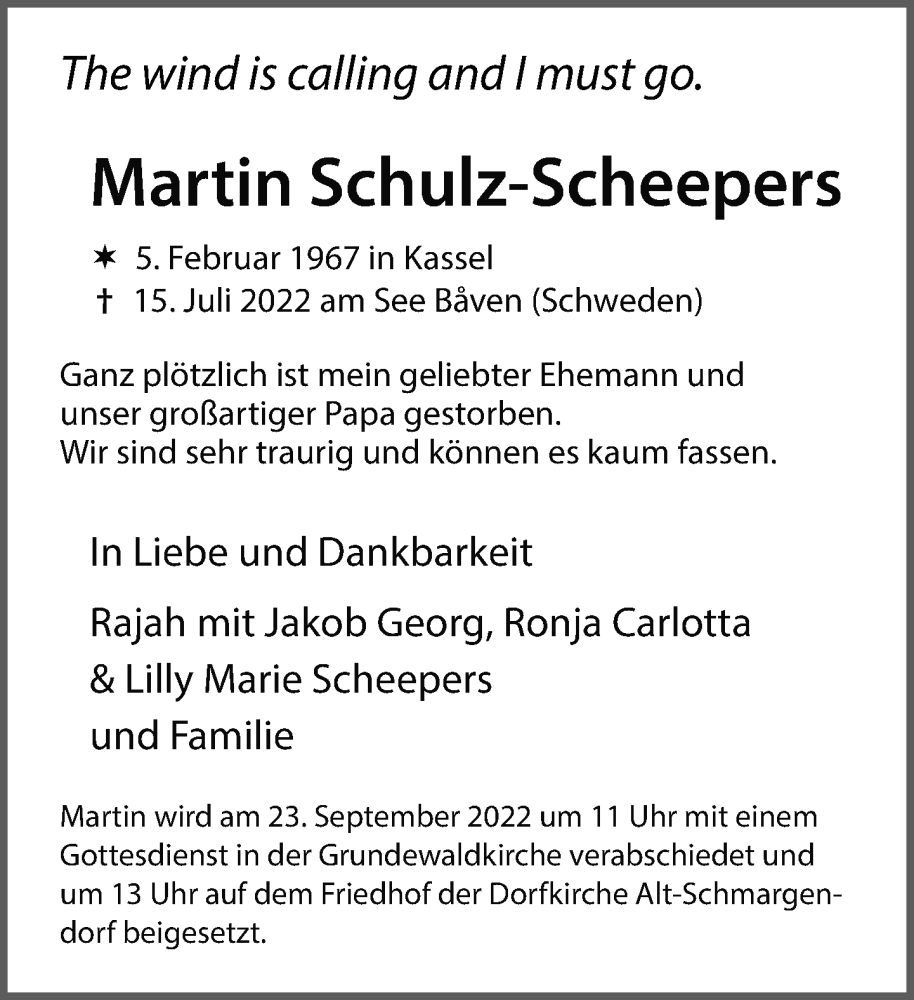  Traueranzeige für Martin Schulz-Scheepers vom 07.08.2022 aus Tagesspiegel