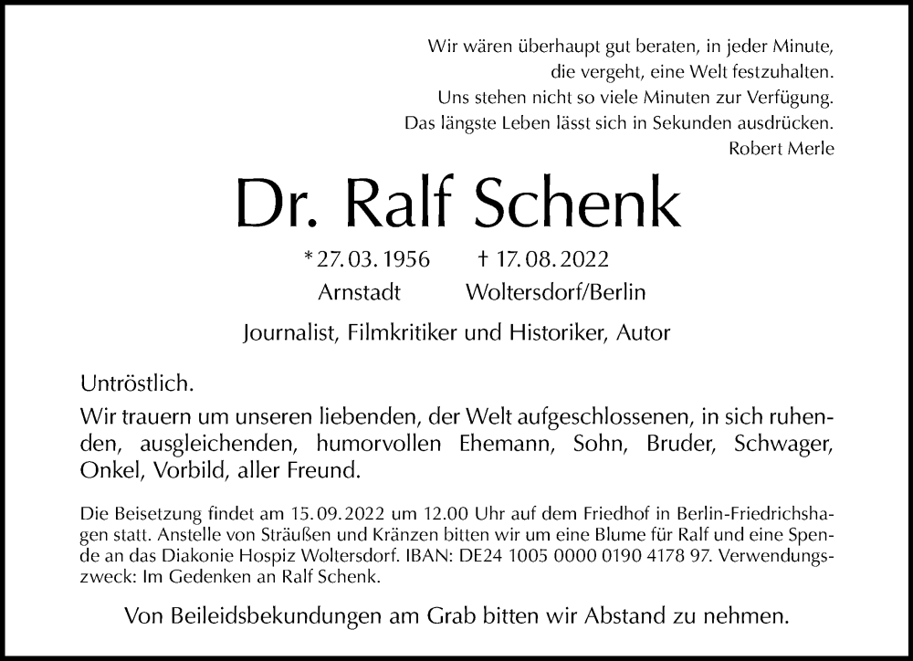  Traueranzeige für Ralf Schenk vom 21.08.2022 aus Tagesspiegel