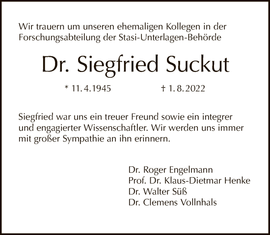Traueranzeige von Siegfried Suckut von Tagesspiegel