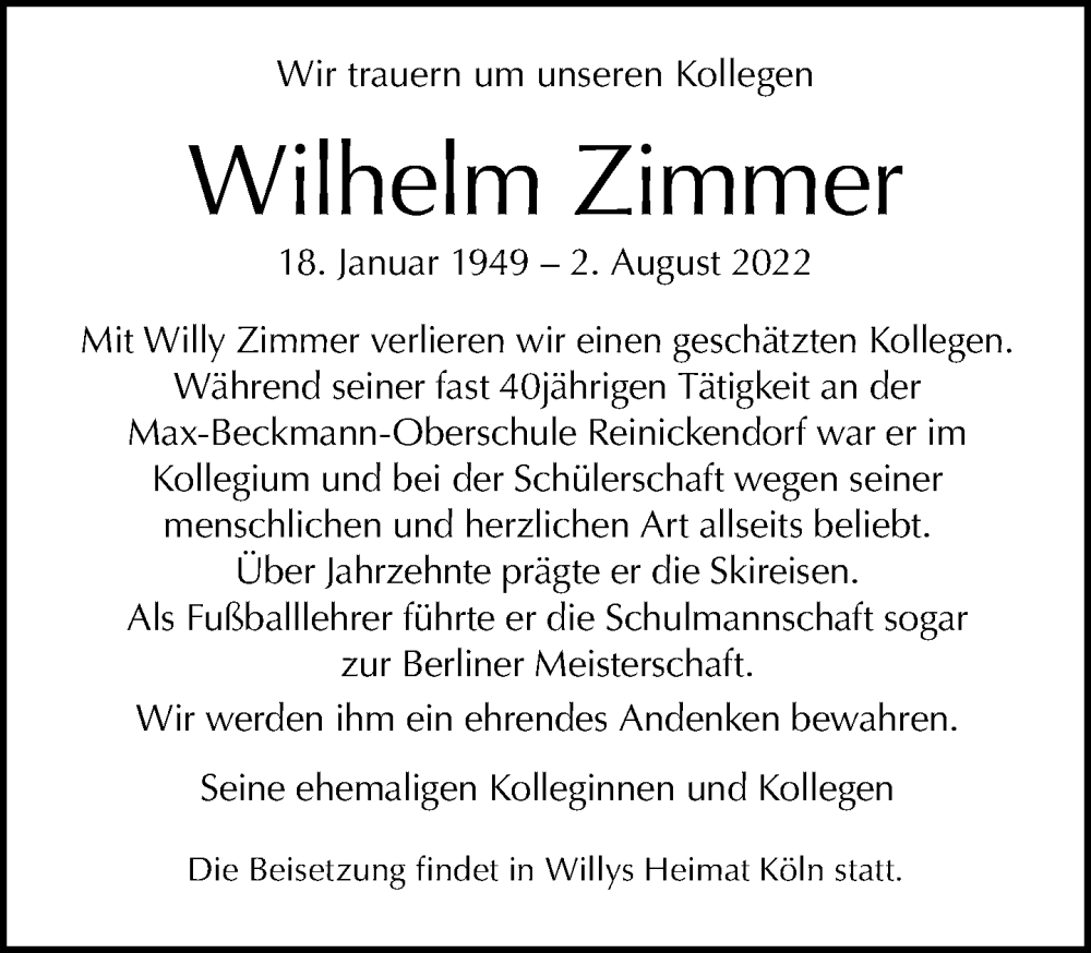  Traueranzeige für Wilhelm Zimmer vom 14.08.2022 aus Tagesspiegel