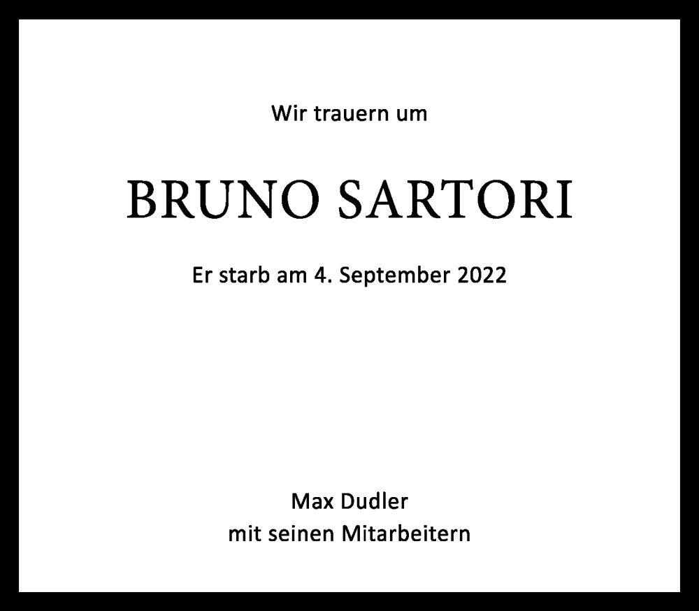  Traueranzeige für Bruno Sartori vom 11.09.2022 aus Tagesspiegel