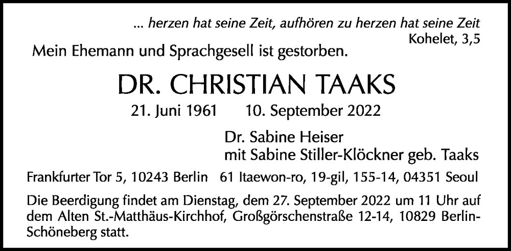  Traueranzeige für Christian Taaks vom 18.09.2022 aus Tagesspiegel