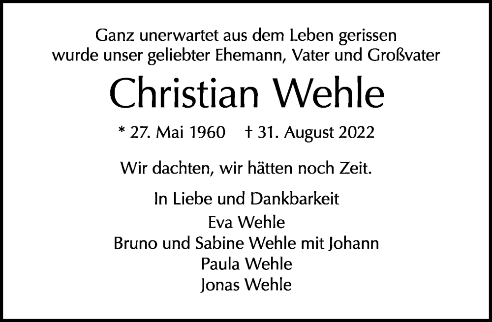  Traueranzeige für Christian Wehle vom 11.09.2022 aus Tagesspiegel