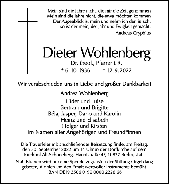 Traueranzeige von Dieter Wohlenberg von Tagesspiegel