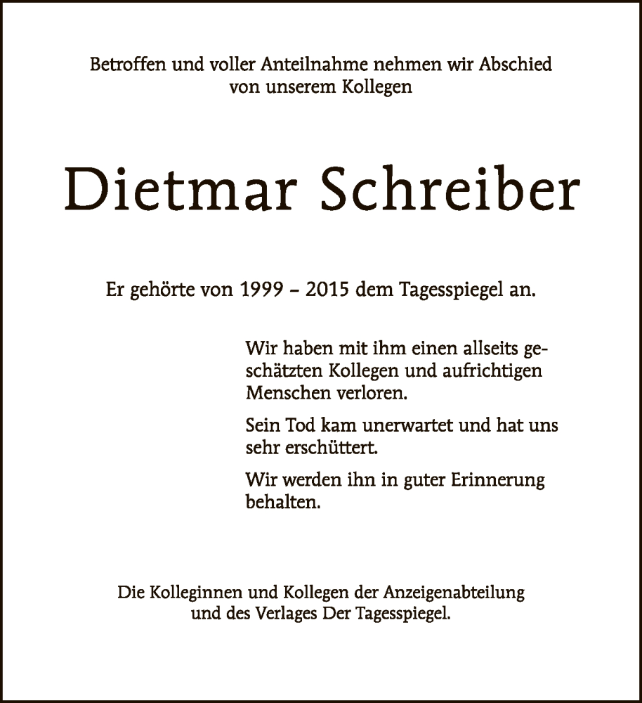  Traueranzeige für Dietmar Schreiber vom 18.09.2022 aus Tagesspiegel