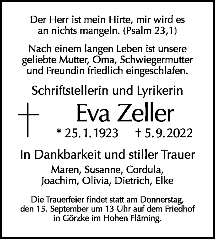  Traueranzeige für Eva Zeller vom 11.09.2022 aus Tagesspiegel