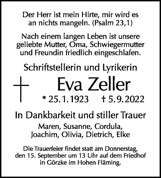 Traueranzeige von Eva Zeller von Tagesspiegel