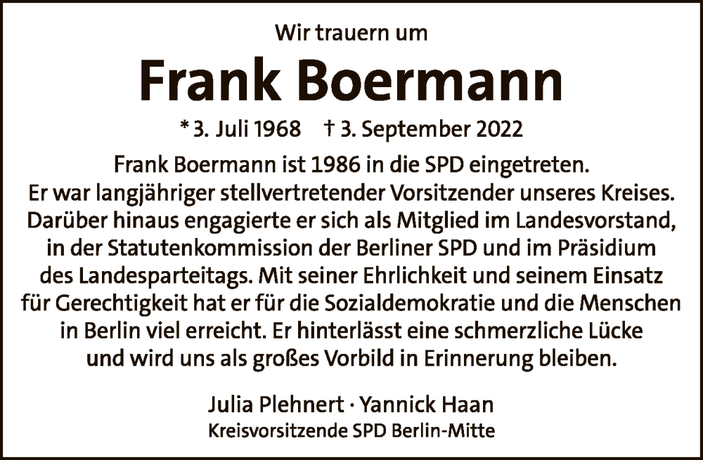  Traueranzeige für Frank Boermann vom 11.09.2022 aus Tagesspiegel
