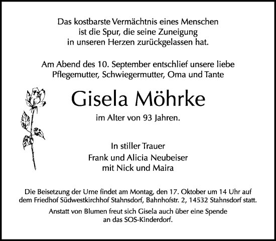Traueranzeige von Gisela Möhrke von Tagesspiegel