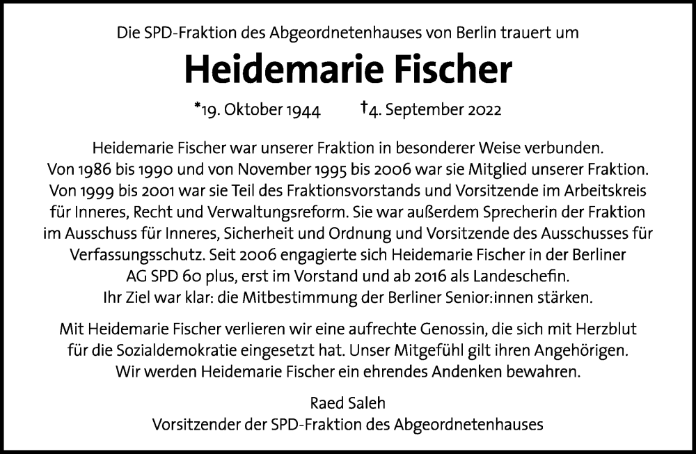  Traueranzeige für Heidemarie Fischer vom 11.09.2022 aus Tagesspiegel