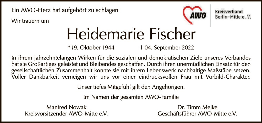  Traueranzeige für Heidemarie Fischer vom 11.09.2022 aus Tagesspiegel