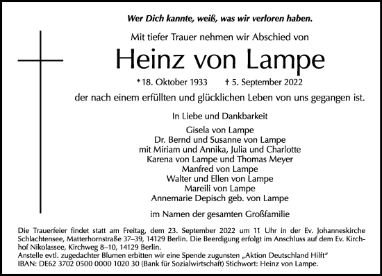 Traueranzeige von Heinz von Lampe von Tagesspiegel