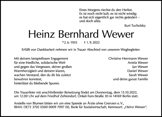 Traueranzeige von Heinz Bernhard Wewer von Tagesspiegel