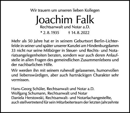 Traueranzeige von Joachim Falk von Tagesspiegel