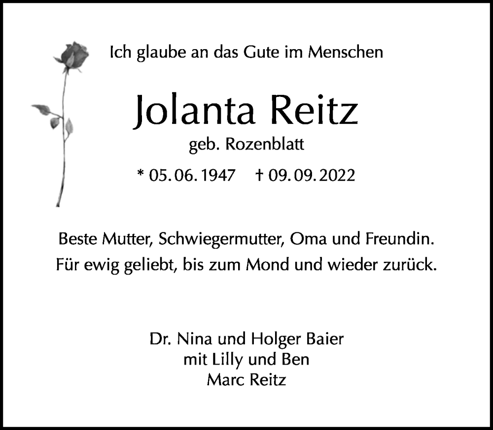  Traueranzeige für Jolanta Reitz vom 18.09.2022 aus Tagesspiegel