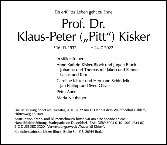 Traueranzeige von Klaus-Peter Kisker von Tagesspiegel