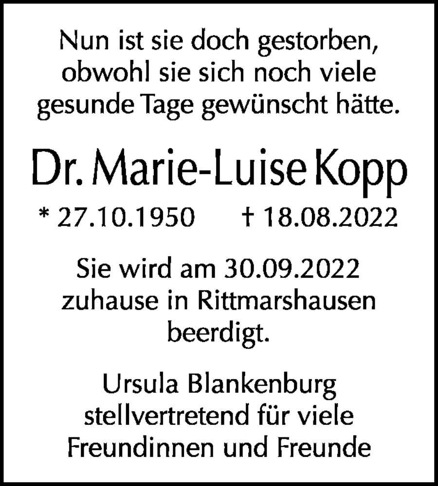 Traueranzeige für Marie-Luise Kopp vom 18.09.2022 aus Tagesspiegel