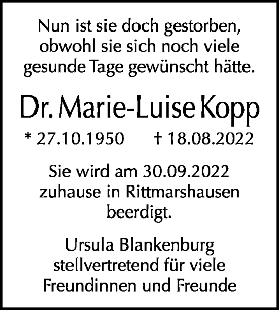 Traueranzeige von Marie-Luise Kopp von Tagesspiegel