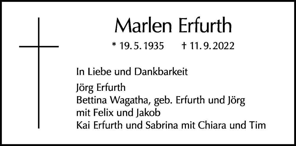  Traueranzeige für Marlen Erfurth vom 25.09.2022 aus Tagesspiegel