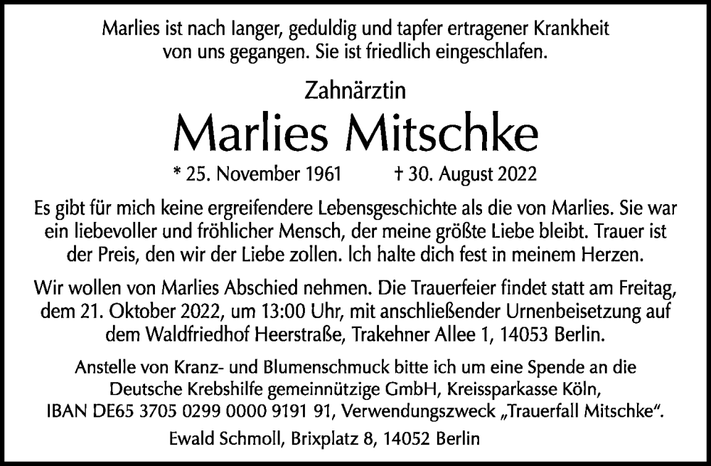  Traueranzeige für Marlies Mitschke vom 18.09.2022 aus Tagesspiegel