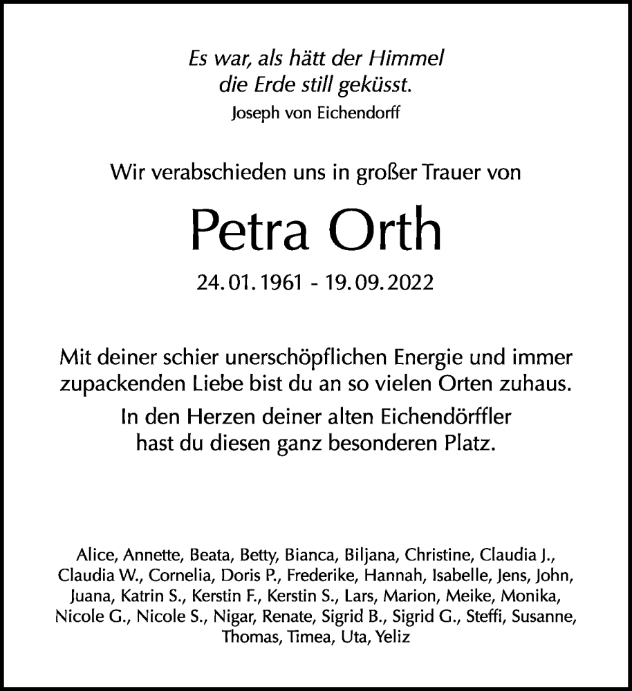  Traueranzeige für Petra Orth vom 25.09.2022 aus Tagesspiegel