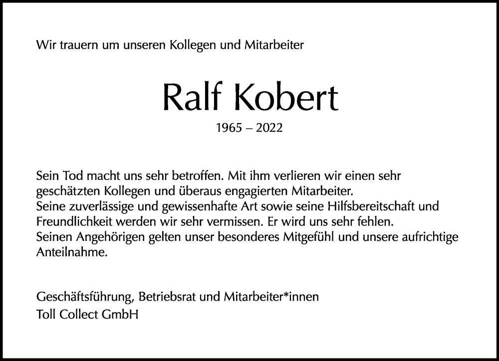 Traueranzeige für Ralf Kobert vom 25.09.2022 aus Tagesspiegel