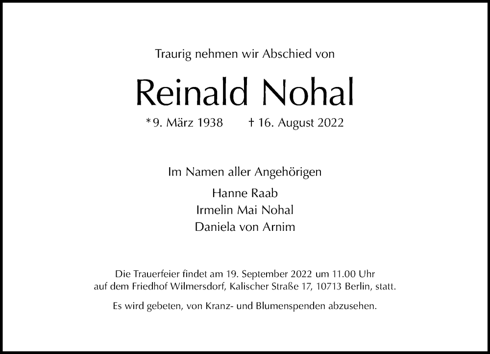 Traueranzeige für Reinald Nohal vom 04.09.2022 aus Tagesspiegel