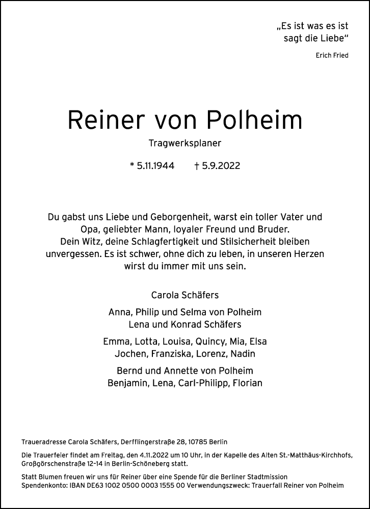 Traueranzeige für Reiner von Polheim vom 25.09.2022 aus Tagesspiegel