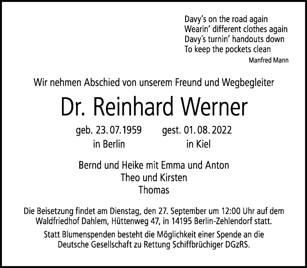  Traueranzeige für Reinhard Werner vom 18.09.2022 aus Tagesspiegel