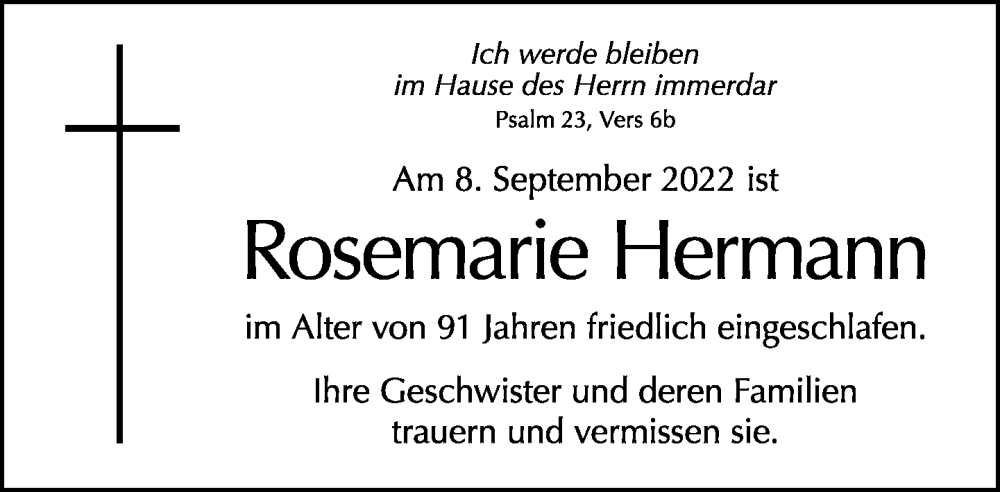  Traueranzeige für Rosemarie Hermann vom 18.09.2022 aus Tagesspiegel