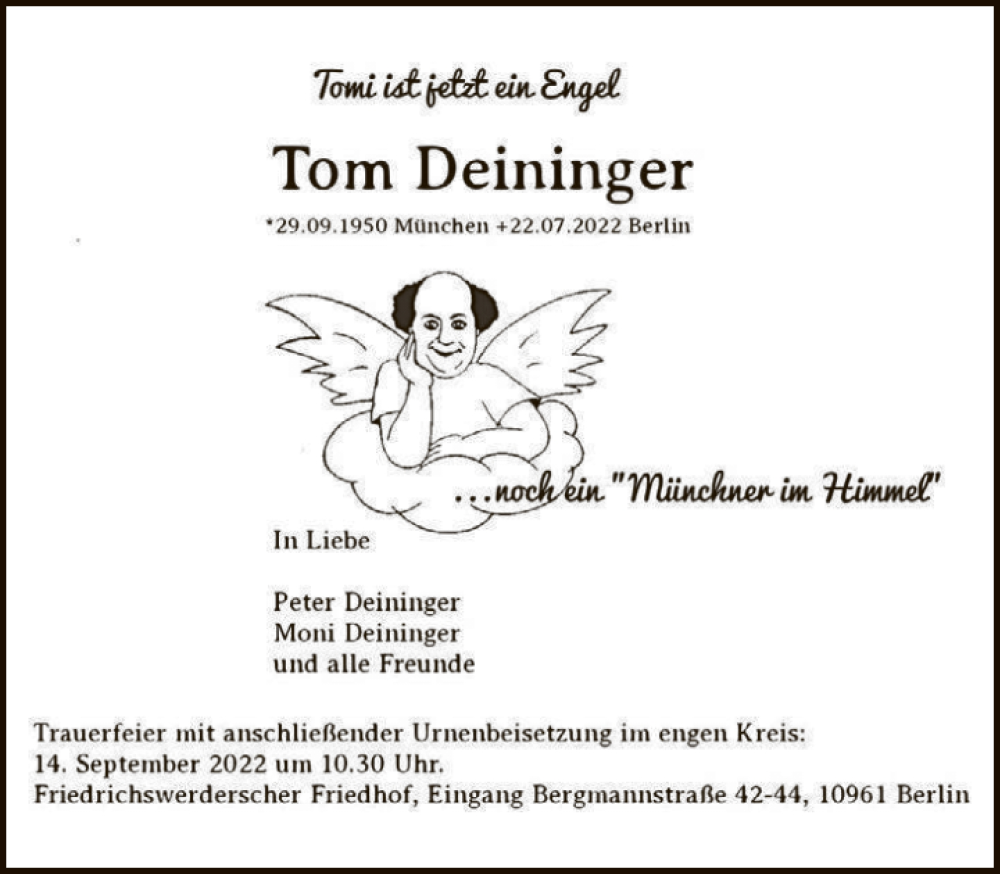  Traueranzeige für Tom Deininger vom 04.09.2022 aus Tagesspiegel