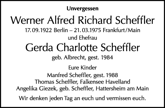Traueranzeige von Werner und Gerda Scheffler von Tagesspiegel