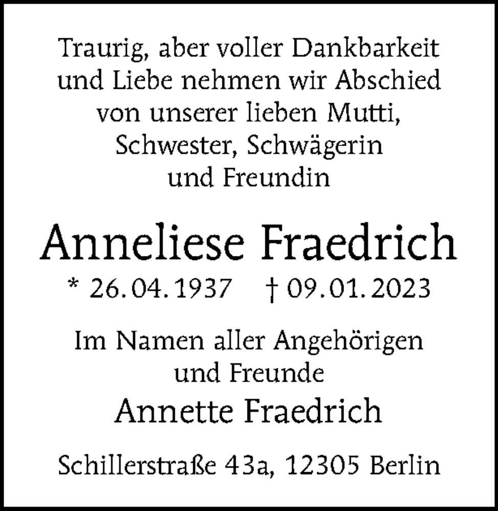  Traueranzeige für Anneliese Fraedrich vom 22.01.2023 aus Tagesspiegel