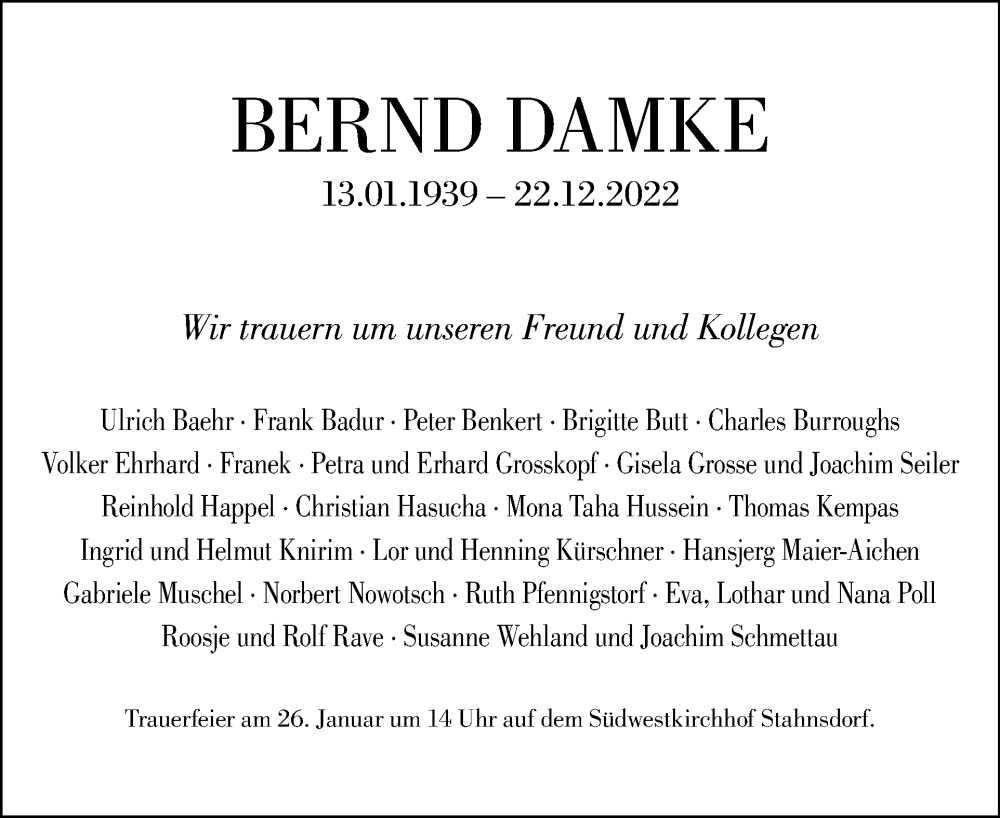  Traueranzeige für Bernd Damke vom 22.01.2023 aus Tagesspiegel