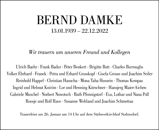 Traueranzeige von Bernd Damke von Tagesspiegel