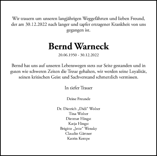 Traueranzeige von Bernd Warneck von Tagesspiegel