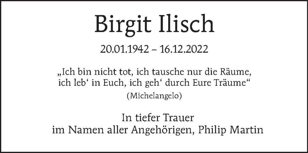  Traueranzeige für Birgit Ilisch vom 20.01.2023 aus Tagesspiegel