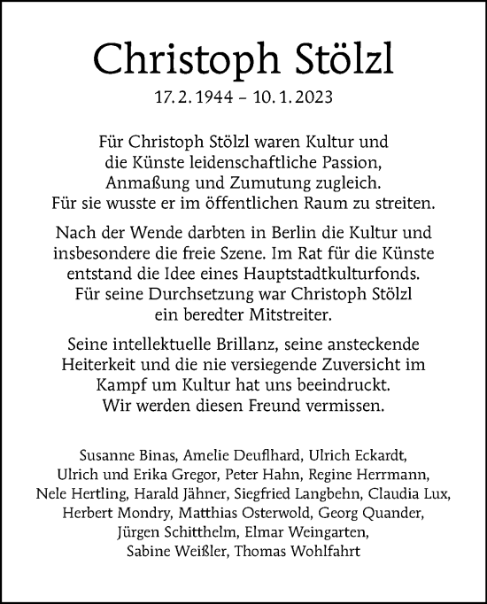 Traueranzeige von Christoph Stölzl von Tagesspiegel
