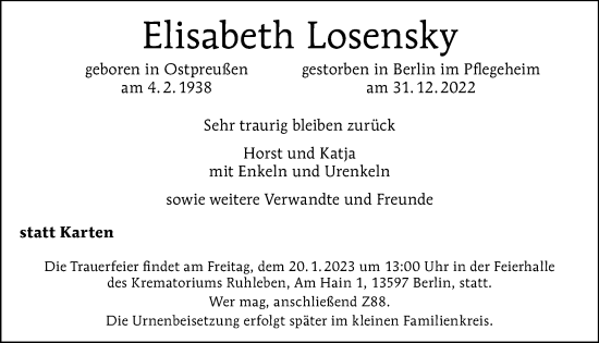 Traueranzeige von Elisabeth Losensky von Tagesspiegel