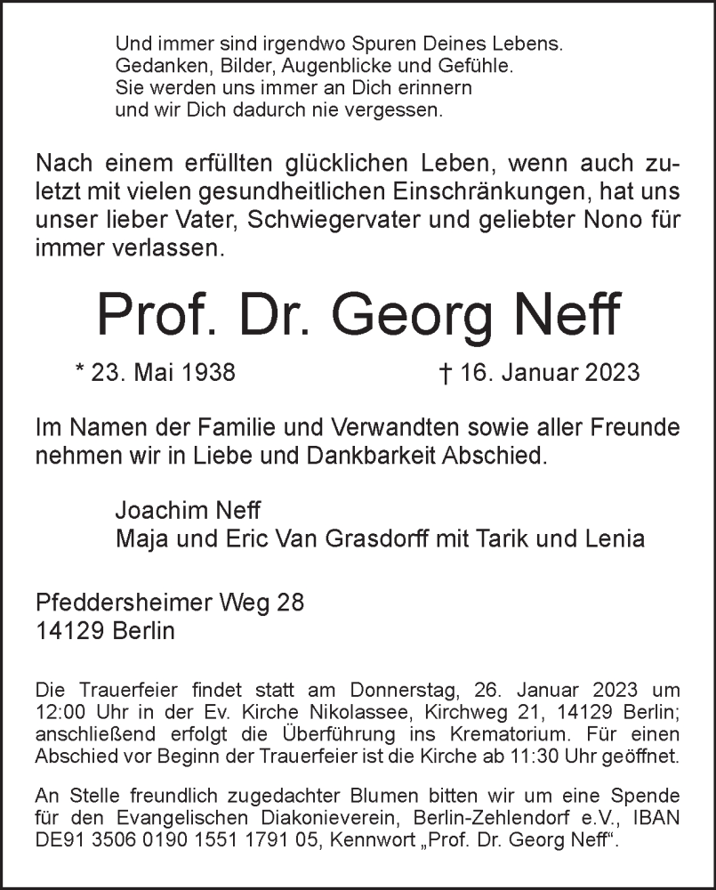  Traueranzeige für Georg Neff vom 22.01.2023 aus Tagesspiegel