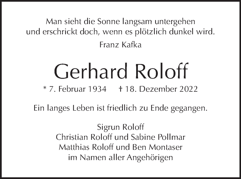  Traueranzeige für Gerhard Roloff vom 08.01.2023 aus Tagesspiegel