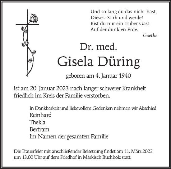 Traueranzeige von Gisela Düring von Tagesspiegel